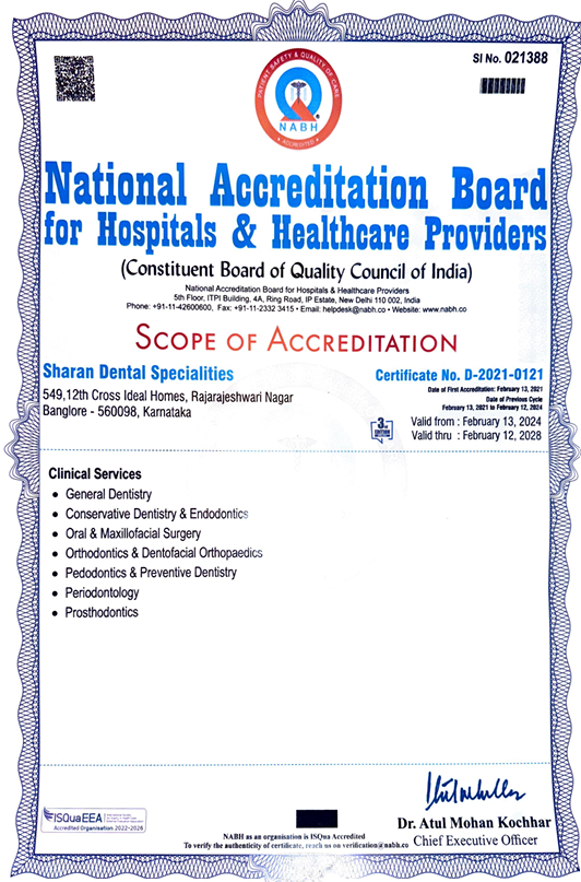 NABH Certificate of Accreditation issued to Sharan Dental Specialities, certificate number D-2021-0121