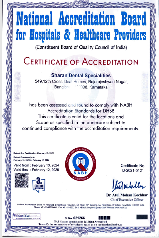 Framed NABH accreditation certificate displayed at Sharan Dental Specialities